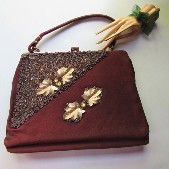 SALE Vintage Caron of Texas Hand Bag Chocolate Brown Gold Bead Accents - Picture 1 of 11